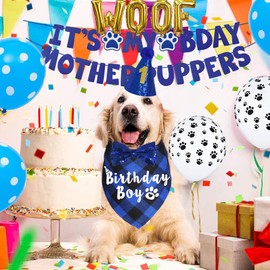 JOTFA Dog Birthday Decorations, Multi Sizes Dog Birthday Bandana Boy Dog Birthday Hat Numbers Bow Tie It’s My Bday Mother Puppers Sign Banner WOOF Balloons for Large Extra Large Dogs (Blue, X-Large)
