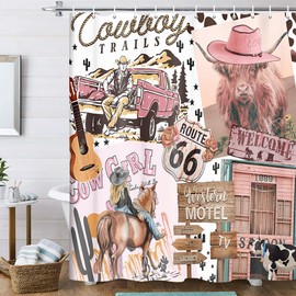 Rustic Western Pink Shower Curtain for Bathroom, Funny Longhorn Cattle Cow Cowboy Cowgirl Shower Curtain Set Shower Curtain, Cute Western Desert Farmhouse Fabric Bath Curtain 12PCS Hooks 70X70IN