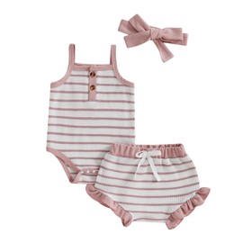 MERSARIPHY Newborn Baby Girls Summer Outfit Striped Waffle Knit Sleeveless Romper Shorts Headband 3Pcs Infant Clothes Set (Pink, 3-6 Months)