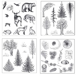 Guirongxin 4 Sheets Wild Animals and Trees Transparent Clear Stamp for DIY Fun Making Scrapbooking