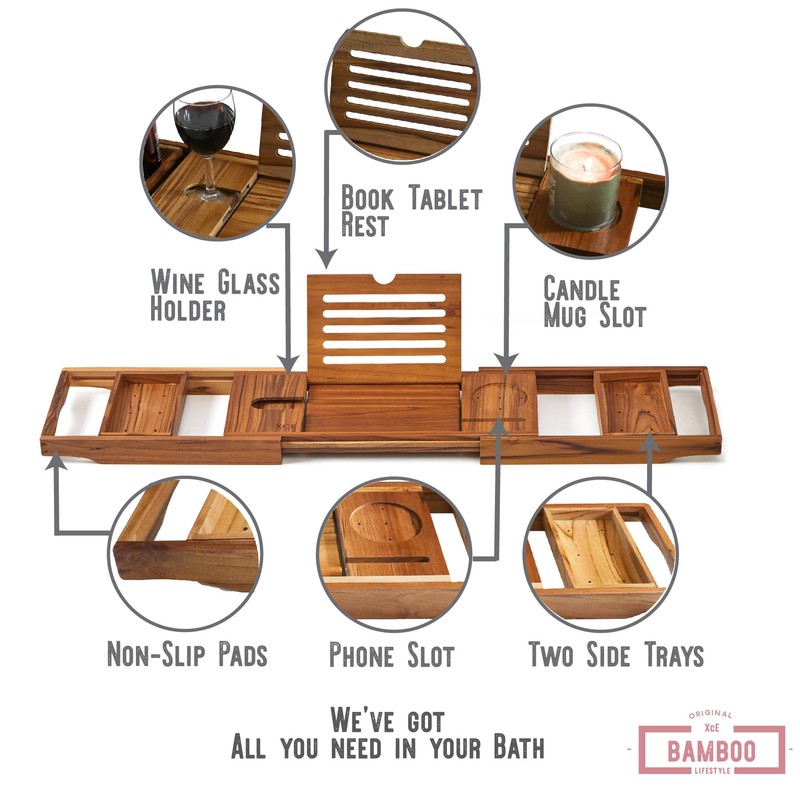 XcE Teak Bathtub Tray Expandable to 105cm with Solid Book