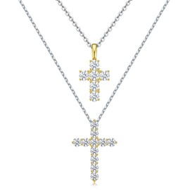 JEWELJOY 2 PCS 18K Gold Plated Cross Pendant Necklaces with Silver Chain, Layered Necklace Set of 2 Tone Cross Necklace