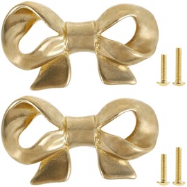PTMTFYL 2 Pcs Bow Drawer Knobs, Brass Bow Shape Cabinets Handle, Gold Drawer Pulls, Bow Tie Dresser Knobs, Decorative Elegant Cupboard Pulls, Wear Resistant Bow Furniture Knobs for Dresser Wardrobe