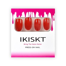 New Year Red Press on Nails Oval Short - IKISKT Solid Red 24pcs Glossy Nails Full Cover False Finger Nails Kit, Mani Stick on Nails for Women Girls, Bright Red