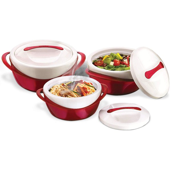 Pinnacle Insulated Casserole Dish with Lid 3 pc. set 2.6/1.25/.6 qt. Elegant Hot Pot Food Warmer/Cooler - Large Thermal Soup/Salad Serving Bowl- Stainless Steel –Best Gift Set for Moms –Holidays Red