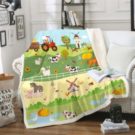 Farm Animal Blanket Cute Cow Horse Throw Blanket for Bed for Children Toddlers Cartoon Truck Tractor Sherpa Blanket Rustic Farmhouse Fleece Blanket Country Rooster Rabbit Fuzzy Blanket 130 x 150 cm