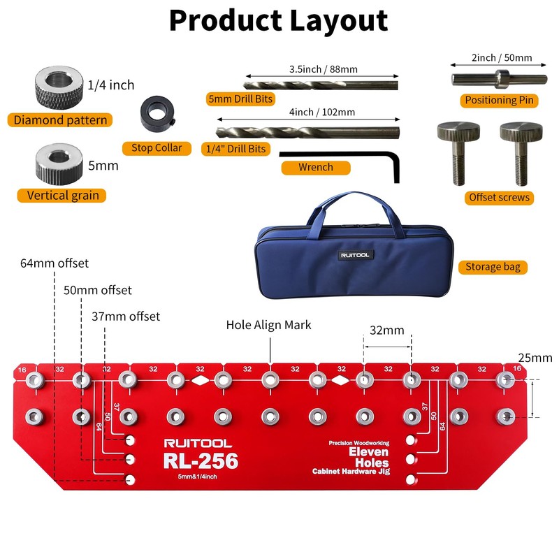 RUITOOL Shelf Pin Jig 11 Holes, Self-contained Clamping Function All