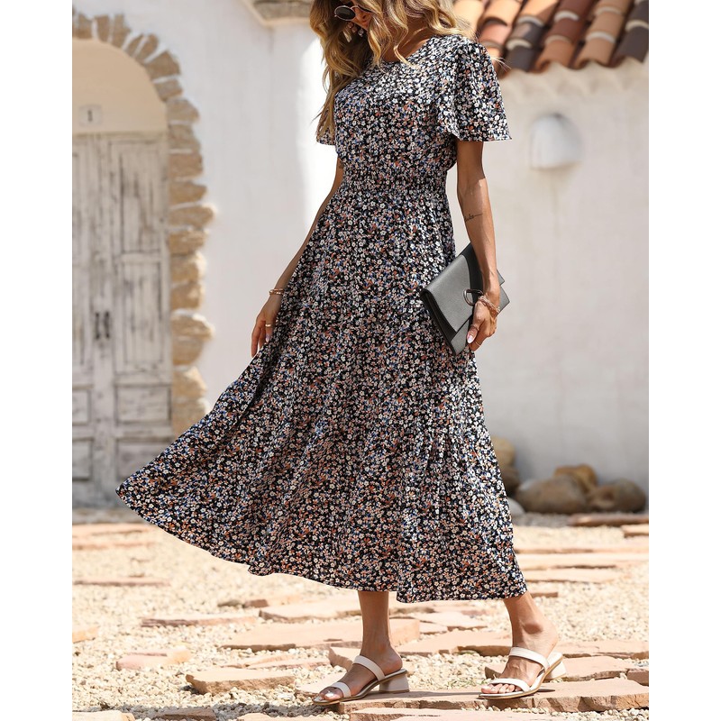 PRETTYGARDEN Women's Summer Casual Short Flutter Sleeve Round Neck Smocked