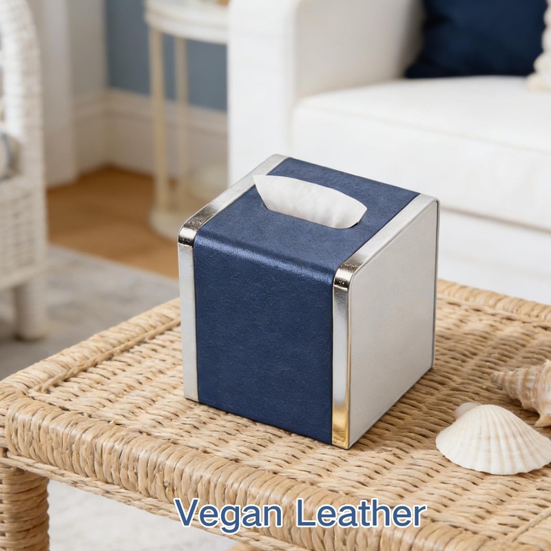 Blue Tissue Box Cover Square with Magnetic Closure, PU Leather