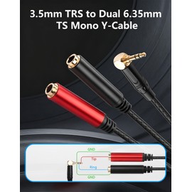 CERRXIAN 3.5mm TRS to Dual 6.35mm TS Mono Y-Cable, 90 Degree 1/8" Stereo Male to 1/4" Mono Female Audio Splitter Cord for Mixer, Amplifier, Home Stereo, Guitar Amp - 0.3M/1FT
