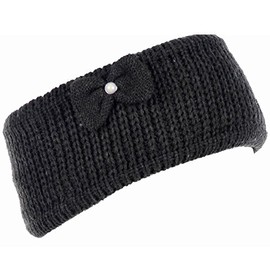 BYOS Winter Cozy Plush Faux Fur Fleece Lined Knitted Headband Wrap Ear Warmer,Various Patterns (Charcoal Gray Pearl Bow)