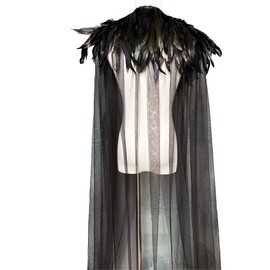 Yoodeet Gothic Feathered Cape, Black Sheer Mesh with Feather Collar, Full Length Costume Cloak (Black)