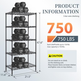 BestOffice 5-Shelf Storage Shelves, Adjustable Shelving Unit Wire Shelving Metal Shelves,11.6" D x 21.5" W x 47.6" H,Black