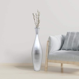 Tall 43 Inch Modern Bamboo Narrow Trumpet Floor Vase - Elegant Home Decoration, Modern Accent Piece, Living Room Decor, Handcrafted Bamboo Art, Contemporary Design, Unique Tall Vase, Silver Large