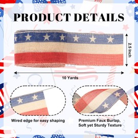 Patriotic Ribbon Wired 2.5 Inch x 10 Yards Red White and Blue Burlap Ribbon Stars Stripes Rustic for 4th of July Wreath Bow Making