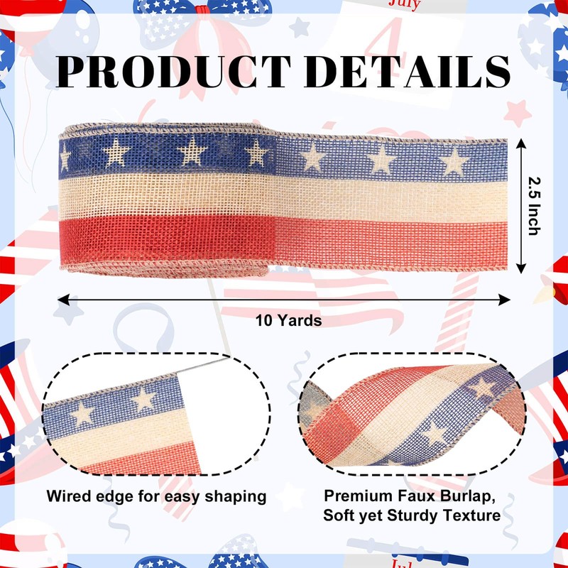 Patriotic Ribbon Wired 2.5 Inch x 10 Yards Red White