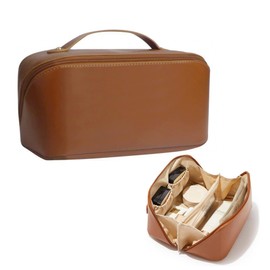 DHAOHD Travel Makeup Bag, Large Capacity, Portable Bag, Open Flat Makeup Bag, Gift for Girls (Brown)