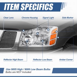 Auto Dynasty NI2502154 Fatcory Style Halogen Headlight Assembly Compatible with Nissan Armada Pathfinder Titan 2004-2007, Driver Left Side, Chrome Housing Amber Corner