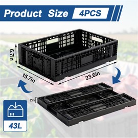 4 Pack Large Collapsible Storage Crates 43L Heavy Duty Milk Crates with Handle 23.6 x 15.7 x 6.7 Inch Stackable Plastic Basket for Grocery Garage Car Trunk Planting Home Organizer, Black