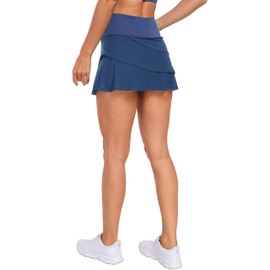 WE CUFFLLE Skirts for Women Mesh High Waisted Ruffle Layered Workout Athletic Golf Skort Skirts with Pockets, Navy Blue, Large