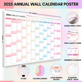 2025 Monthly Wall Planner, A3 42cm X 30cm | DOUBLE SIDED PRINT, Rainbow Wall Calendar 2025, Year Planner, Full Year to View | Organiser for Office, University, School | Colorful (Folded)