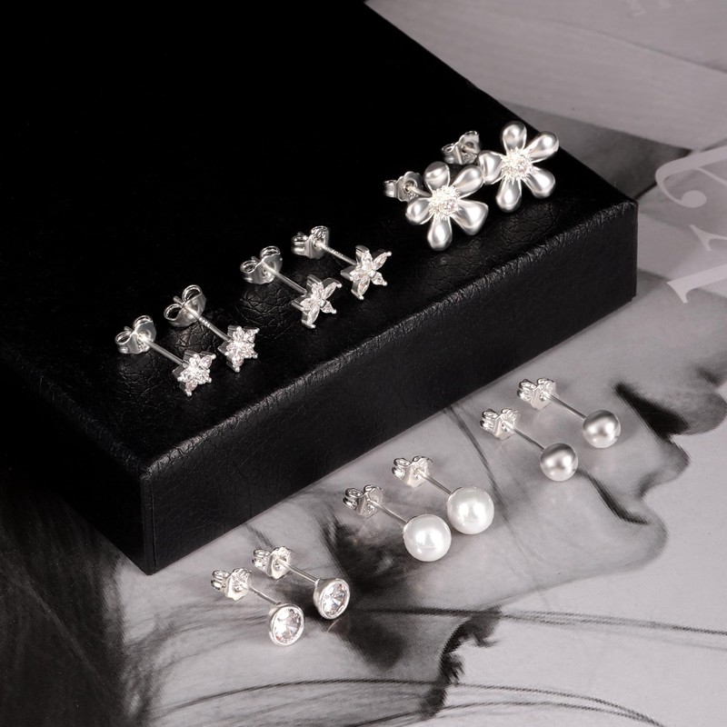 ASH'S CHOICE Women's 925 Silver Earrings, 6 Pairs of 925