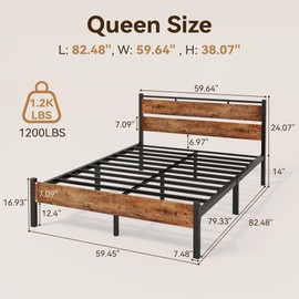 14 Inch Queen Bed Frame with Wood Headboard and Footboard, Sturdy Metal Bed Frame Queen Size with 12.5" Large Under-Bed Storage/No Box Spring Needed/Non-Slip/Noise Free/Easy Assembly, Rustic Brown