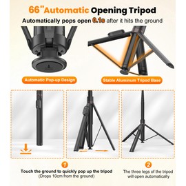 TONEOF 66" Automatic Tripod,Auto-Open Phone Tripod Stand with Magnetic Rechargable Remote,Selfie Stick Tripod 360° Vertical & Horizontal Rotatable,Stable Travel Tripod for iPhone/Android(Black)