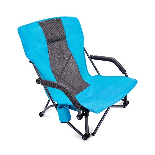 G4Free Low Beach Camping Folding Chair with Armrests, Ultralight Backpacking Chair with Cup Holder, for Camping Concert Lawn with Carry Bag (Blue)