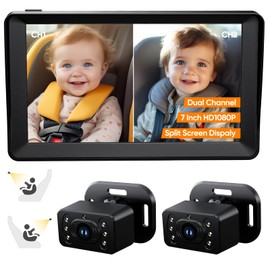 Baby Car Camera for 2 Kids - 7 Inch HD1080P Split Screen Baby Monitor with Dual Backseat Camera 150° Wide View & 360° Rotatable, Night Vision Easy Install, Rear-Facing Baby Car Mirror
