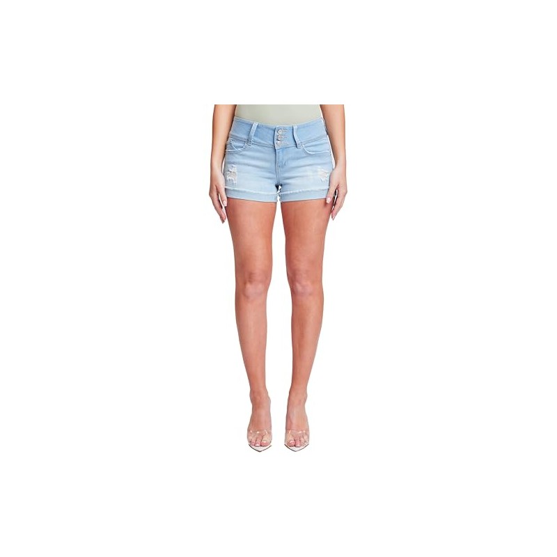 YMI Womens Junior Wannabettabutt 3-Button Mid-Rise Cuffed Hem Lightly Distressed