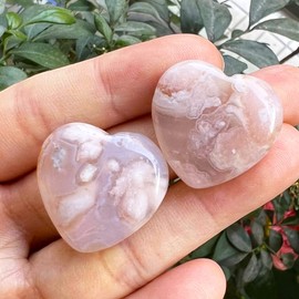 Ladeukoi Natural Crystal Love Heart Stone, Polished Healing Palm Bag Stone, Reiki Balancing Meditation Mini Stone, 1 Inch (25 mm), Cherry Blossom Agate