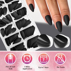 AddFavor Almond Press on Nails - 240pc Matte Black Nails Press on Nail Medium Length Stiletto False Nail Tips with Adhesive Tabs for Women