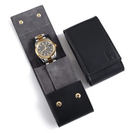 BUREI Leather Watch Travel Case Pouch Portable Watch Case for Men Single Watch Band Storage Bag Watch Accessories (Brown Black)