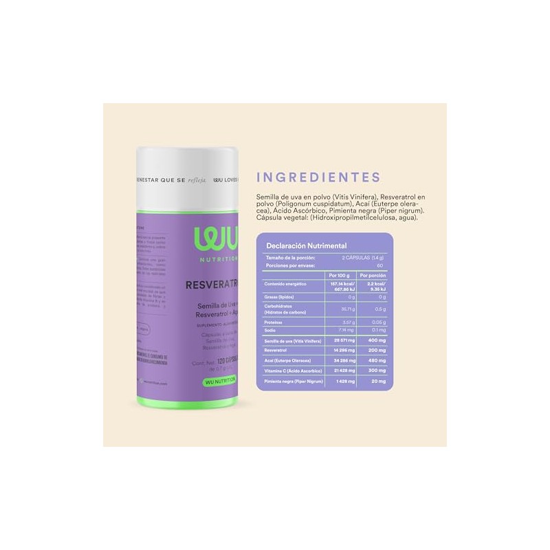 Nutrition Resveratrol Semilla Uva Acaí Berry Antioxidante 120 Cápsulas Meses