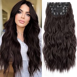 Flvaco Clip In Hair Extensions 20 Inch 6PCS Long Synthetic Dark Brown Thick Long Wavy Clip Ins Hair Extension Double Weft Hairpieces Extensions Full Head For Women(230G,Dark Brown)
