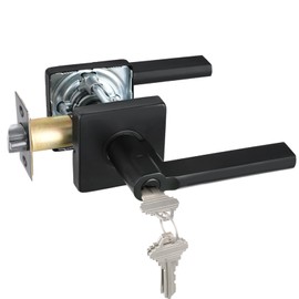 HISAFE Exterior Door Handle Solid Keyed Entry Black Door Handle with Slim Square Lever for Front Door and Office, Heavy Duty, 1Pack X-HD1601-DB-ET