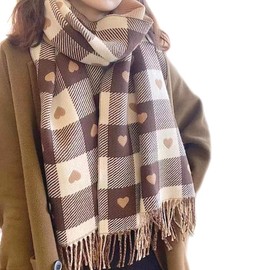 Winter Women's Scarf Checked Oversized Blanket Scarf Cashmere Wraps, Checked Tartan Stripes Plaid Love Pattern Fringe Poncho Neckerchief Tube Scarf Autumn Scarf Winter Scarf Cape Scarf Coffee