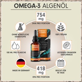 Omega-3 Algenöl 100 ml - hochdosiert mit 2297 mg Algenöl, davon 754 mg DHA & 418 mg EPA - veganes Omega-3 Öl mit angenehmem Orangen-Geschmack - laborgeprüft mit Zertifikat - Vorrat für 40 Tage