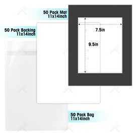 Golden State Art, Acid Free, Pack of 50, 11x14 Black Picture Mats Mattes with White Core Bevel Cut for 8x10 Photo + Backing + Bags