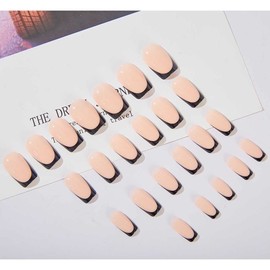 Foccna Black Press on Nails Medium Long French Fake Nails Square Acrylic False Nails,Artificial Glossy Nude Nails for Women and Girls- 24 pcs