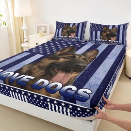Juego de sábanas bajeras de la bandera americana, tamaño matrimonial, estampado 3D, juego de cama de perro pastor alemán con estampado 3D, 3 piezas para niños, adolescentes, hombres, azul marino,
