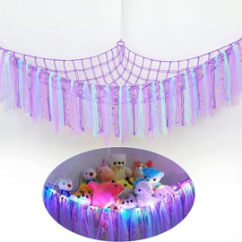 Red de Animales de Peluche O Hamaca con Luz LED Hamaca de Juguete para Colgar Animales de Peluche Organizador de Almacenamiento Decoración de Habitación con Borlas para recámara de los niños (Púrpura)
