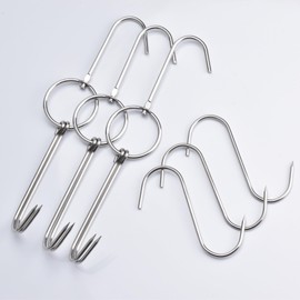 Alele 3pcs Stainless Steel Double Hooks + 3pcs S-Hooks for Bacon Hams Meat Processing Butcher Poultry Hook Hanging Drying BBQ Grill Cooking (Barbecue Hook 6p)