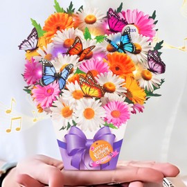 APOTODITO Mini Birthday Cards, Birthday Card with Music and Light, Flower Bouquet 3D Card with Butterflies for Mom, Women, Wife (Birthday Daisy)