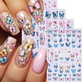 8 Sheets Spring Butterfly Nail Stickers Peach Blossom Nail Art Stickers 3D Self-Adhesive Nail Decals Colorful French Butterfly Petals Leaves Nail Design for Women Girls Spring Summer Nail Decoration