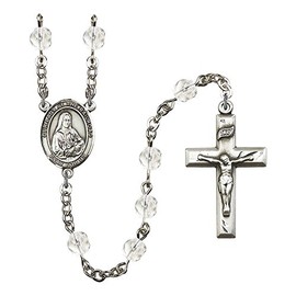 Our Lady of the Railroad Silver-Plated Rosary 6mm April Crystal Fire Polished Beads Crucifix Size 1 3/8 x 3/4 medal charm