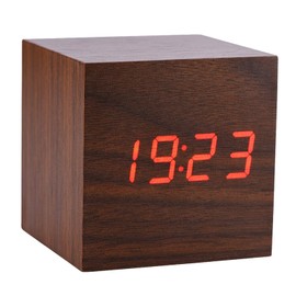 Digital LED Wooden Alarm Clock, Modern Alarm Clock in LED Wooden Cube Design with Temperature, Time and Date Display, 12/24 Hour Format, Alarm Clock, Voice Control for (Brown Wood + Red Light)