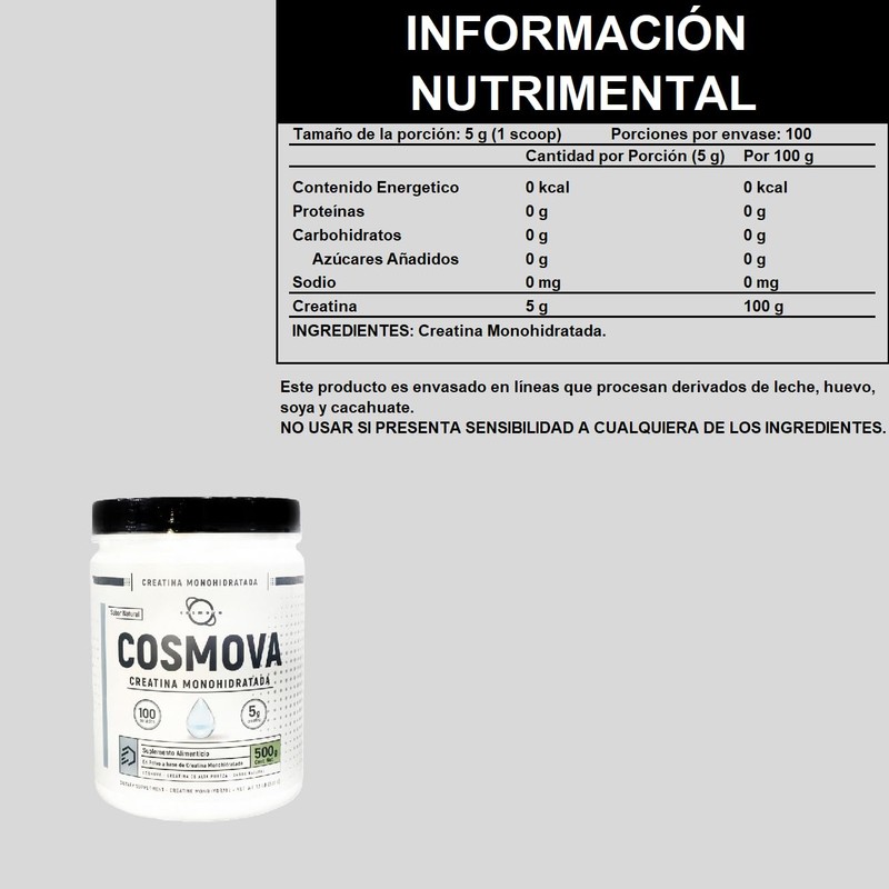 Cosmova Creatina Monohidratada De Alta Pureza en polvo 500g sabor