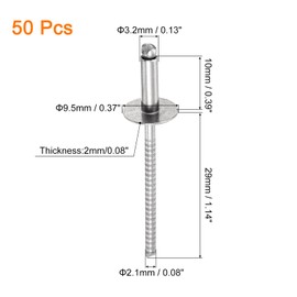 uxcell 50Pcs 1/8"x3/8" 304 Stainless Steel Large Flange Round Head Rivets, Large Cap Open End Blind Rivets for construction, automotive manufacturing, aerospace, shipbuilding (Silver)